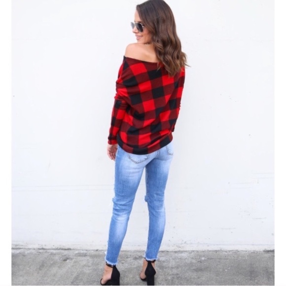 SOLD OUT Red Buffalo Plaid Check Checkered One Off the Shoulder Soft Sweater - Picture 6 of 6